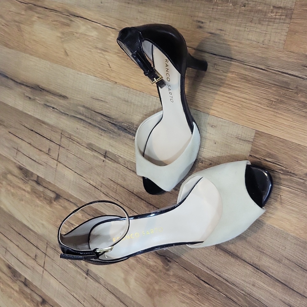 FRANCO SARTO Austin Black Tan Black Ankle Strap Peep Toe 3" Heel